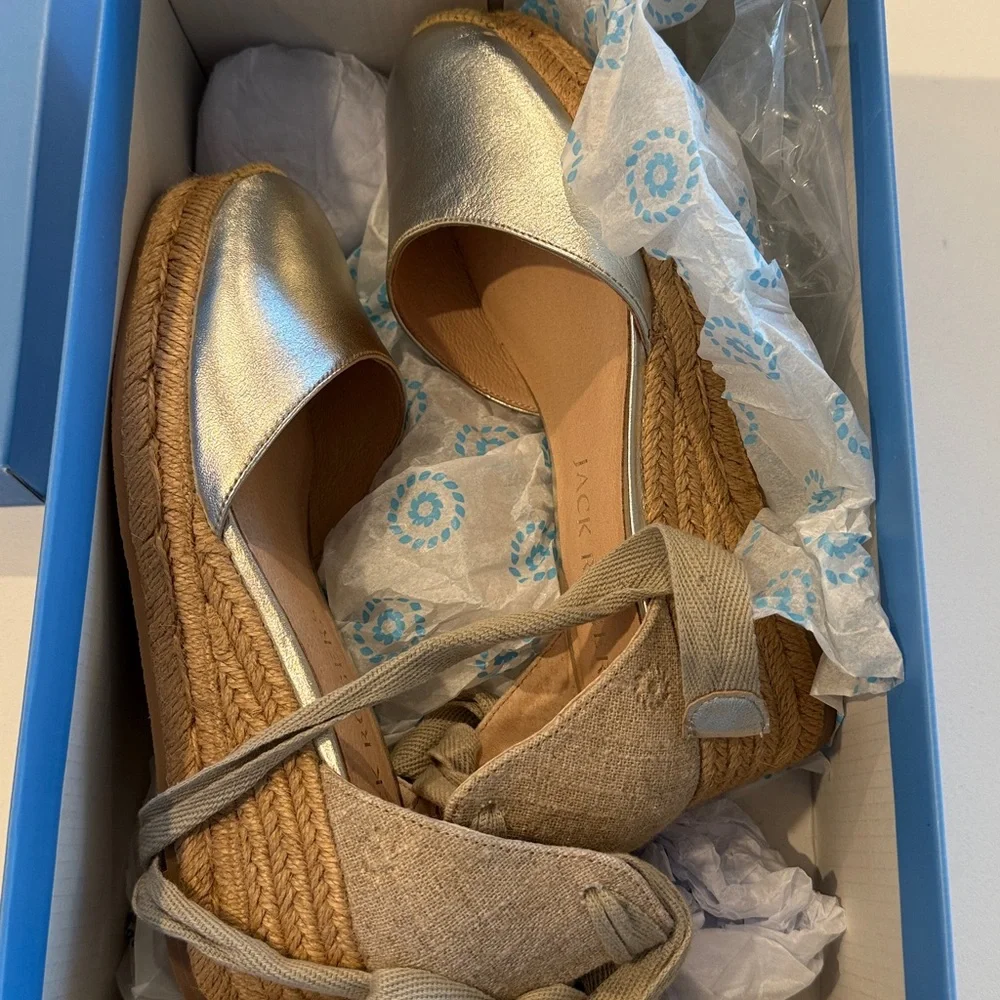 NWT Leather Jack Rogers Palmer Ankle Wrap Espadrille Wedge in Platinum/Champagne